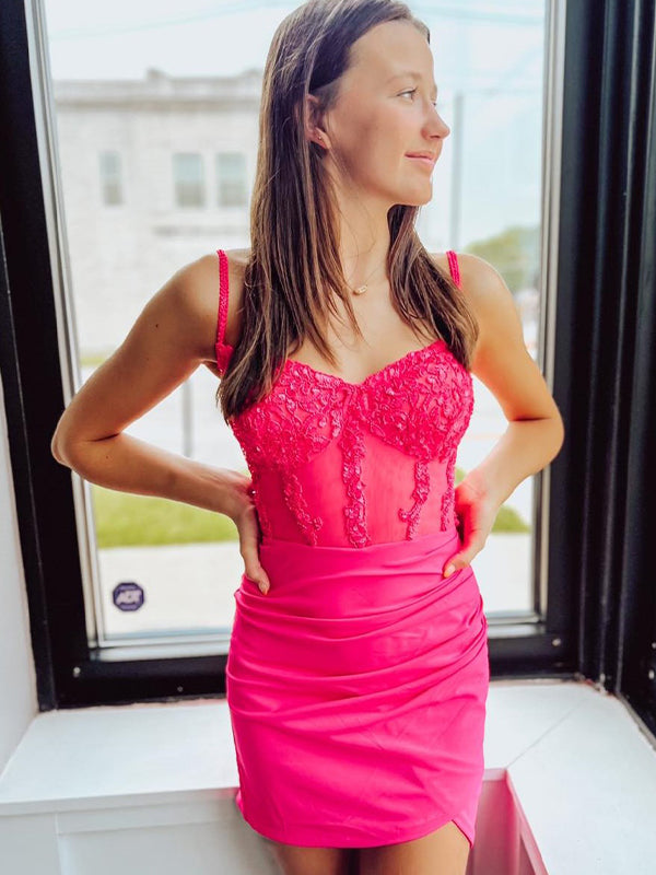 Corset Satin Asymmetrical Tight Short Homecoming Dress with Sequins
