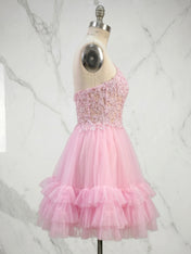 Cotton Candy Pink Lace Corset Ruffle Short Homecoming Dress