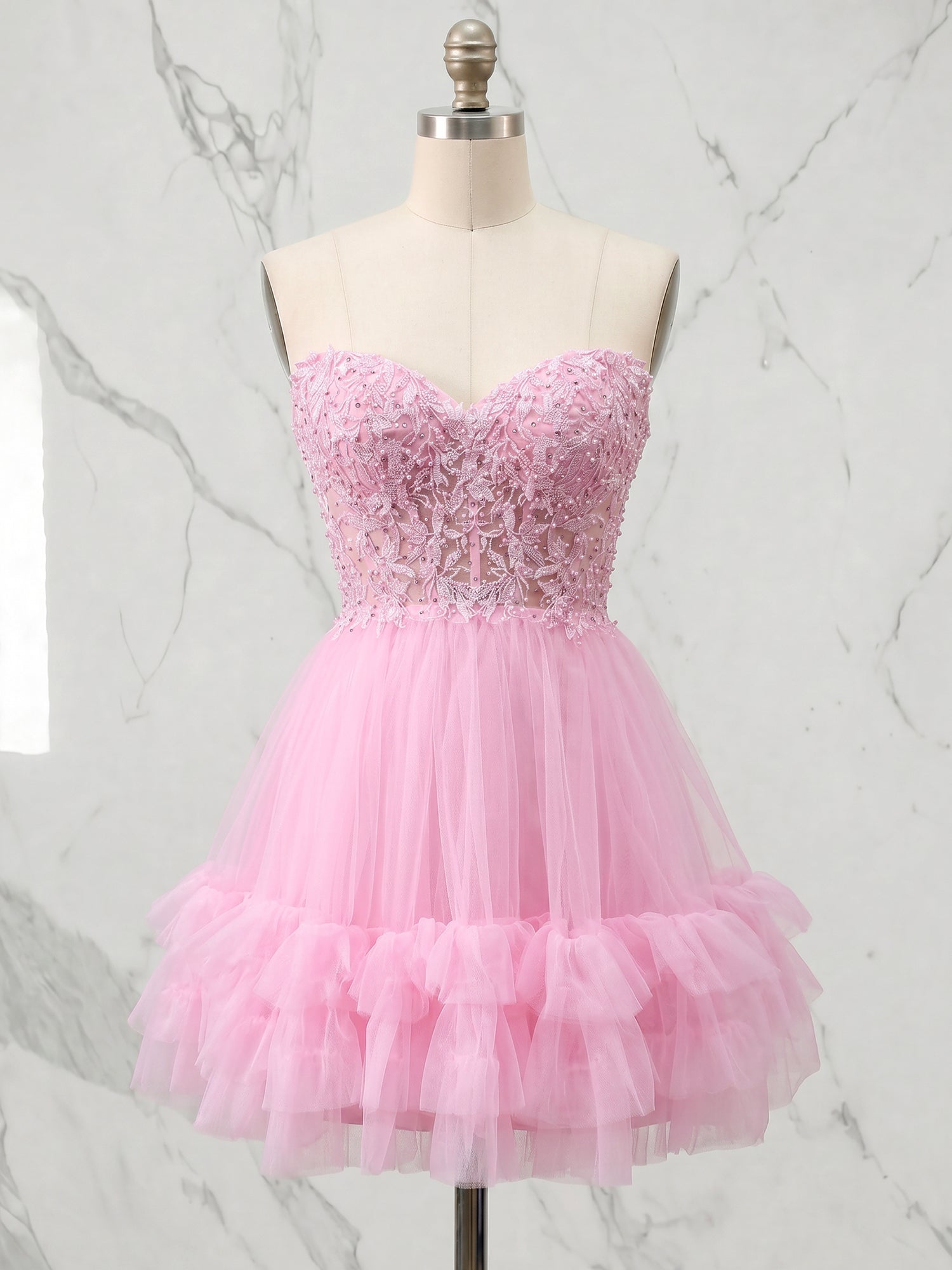 Cotton Candy Pink Lace Corset Ruffle Short Homecoming Dress