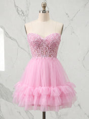 Cotton Candy Pink Lace Corset Ruffle Short Homecoming Dress