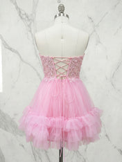 Cotton Candy Pink Lace Corset Ruffle Short Homecoming Dress