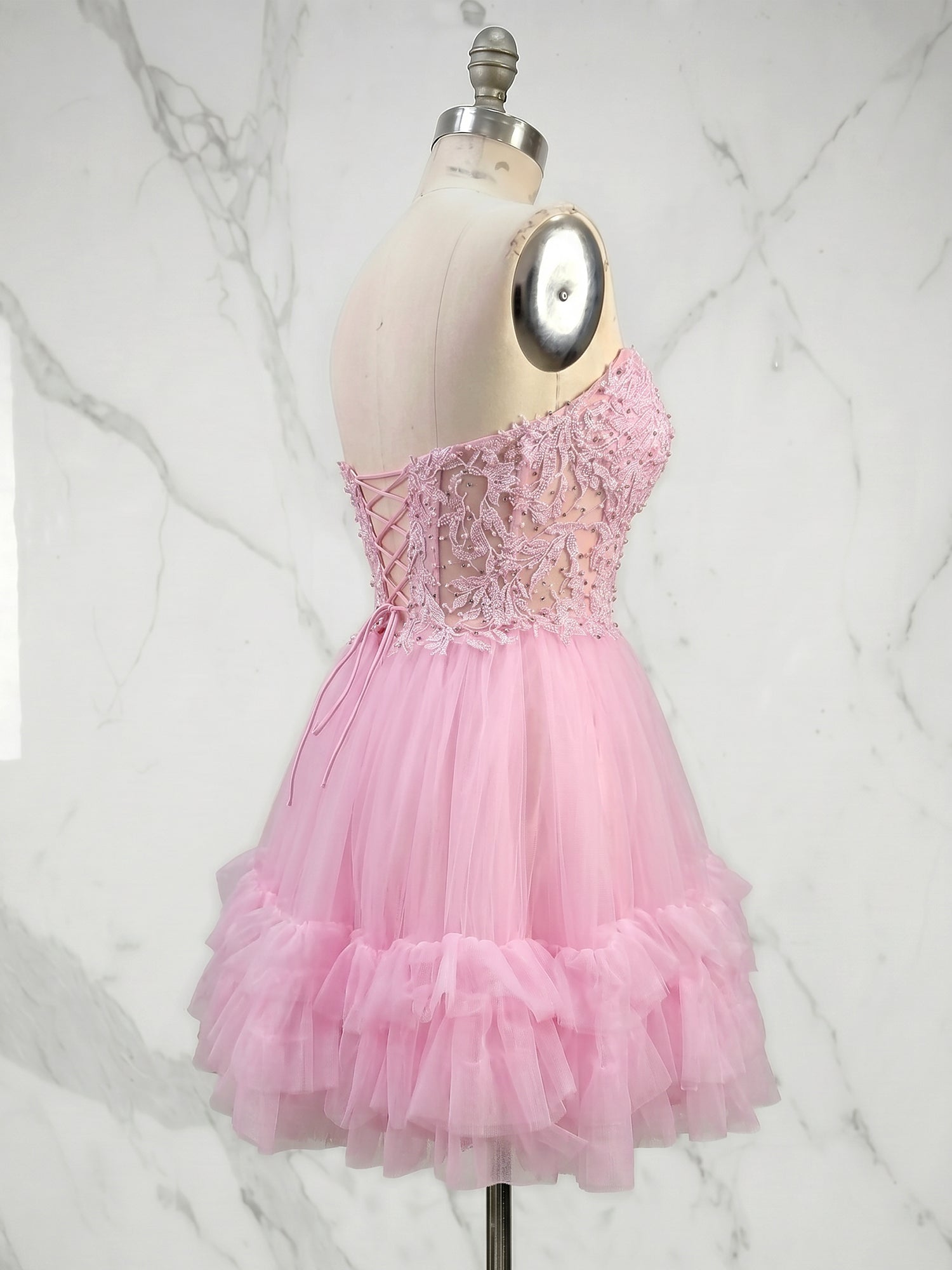 Cotton Candy Pink Lace Corset Ruffle Short Homecoming Dress