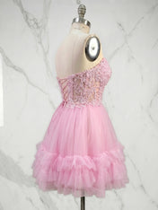 Cotton Candy Pink Lace Corset Ruffle Short Homecoming Dress