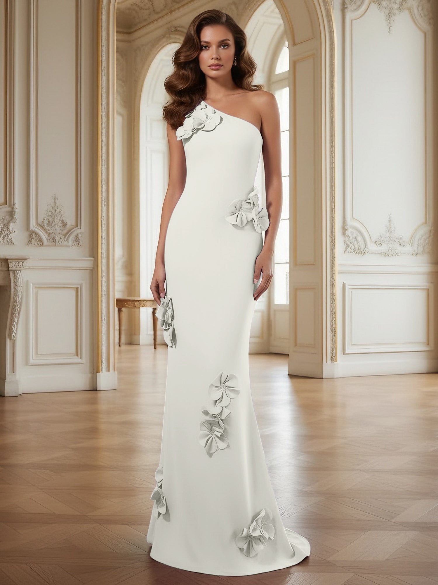 Cream One-Shoulder Prom Dress with Sculptural 3D Floral Appliqués