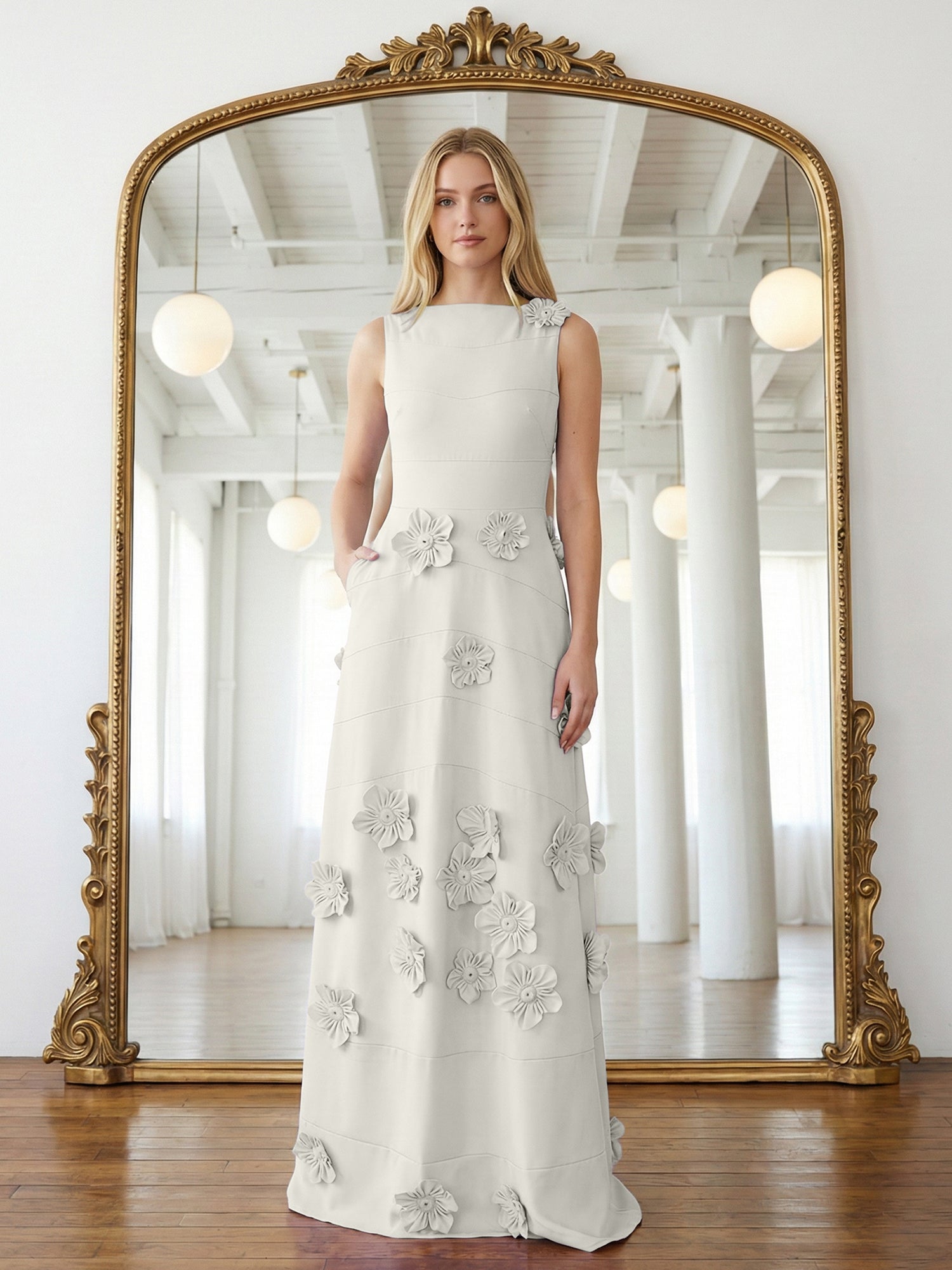 Lavender Boat Neck Formal Gown with Cascading 3D Flowers