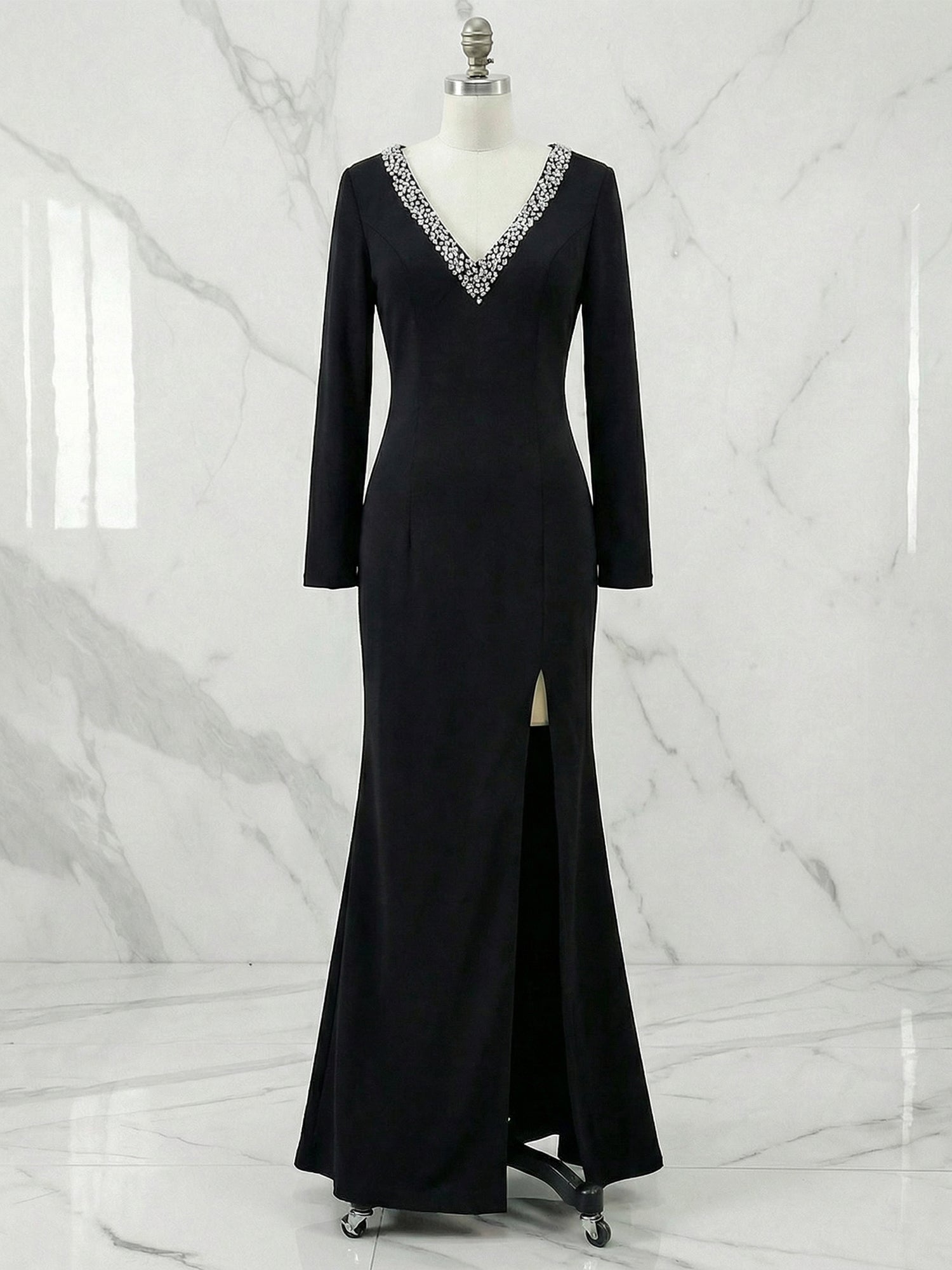 Crystal-Embellished Deep V Slit Evening Gown Formal Dresses