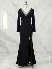 Crystal-Embellished Deep V Slit Evening Gown Formal Dresses