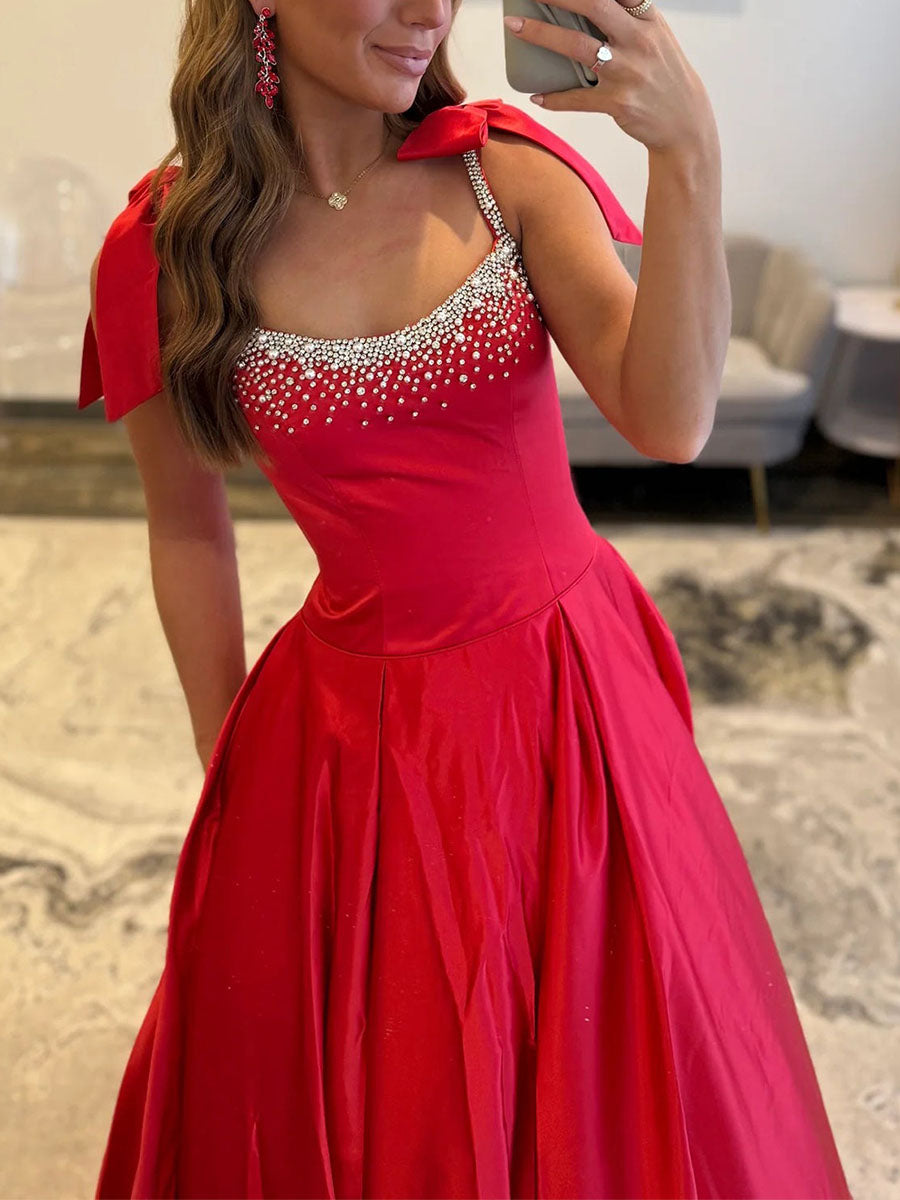Crystal Beaded Bodice Prom Dress with Bow Shoulders