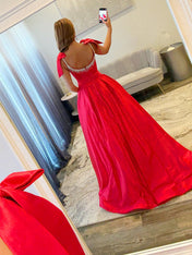 Crystal Beaded Bodice Prom Dress with Bow Shoulders