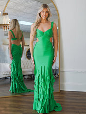 Green Mermaid Straps Waist Hollow Long Prom Dress with Beading