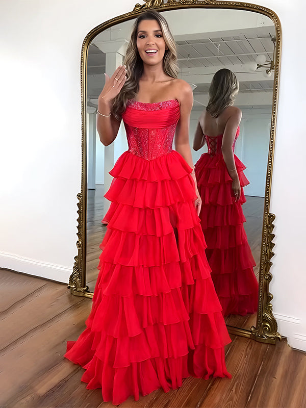 Sparkly Light Blue Strapless A-Line Long Tiered Prom Dress with Slit