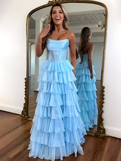 Sparkly Light Blue Strapless A-Line Long Tiered Prom Dress with Slit