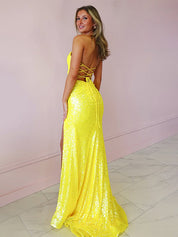 Yellow Mermaid Sweetheart Sequined Slit Long Prom Dress with 3D Flowers