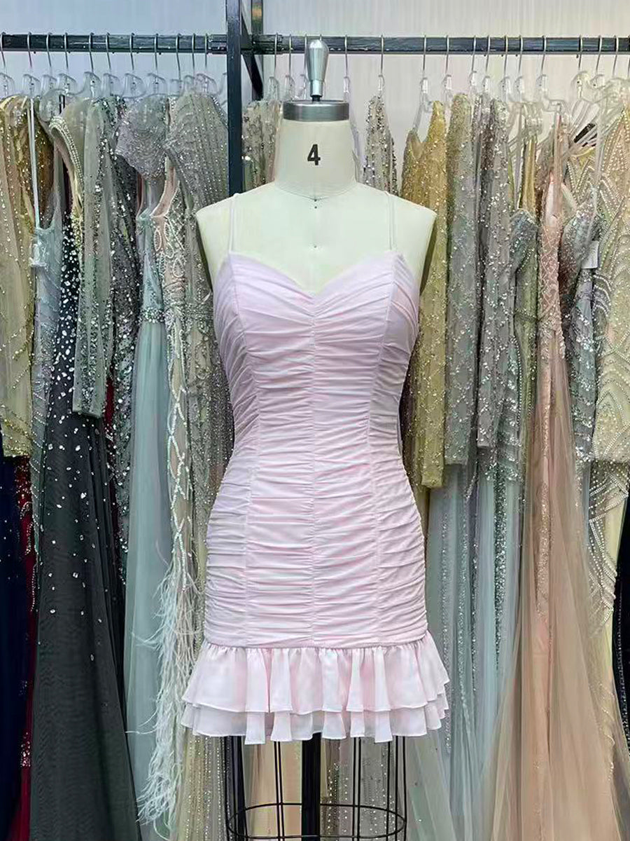 Cute Sheath Satin Mini Homecoming Dress with Ruffles