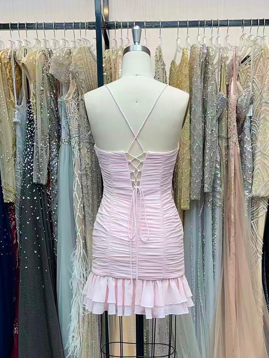 Cute Sheath Satin Mini Homecoming Dress with Ruffles