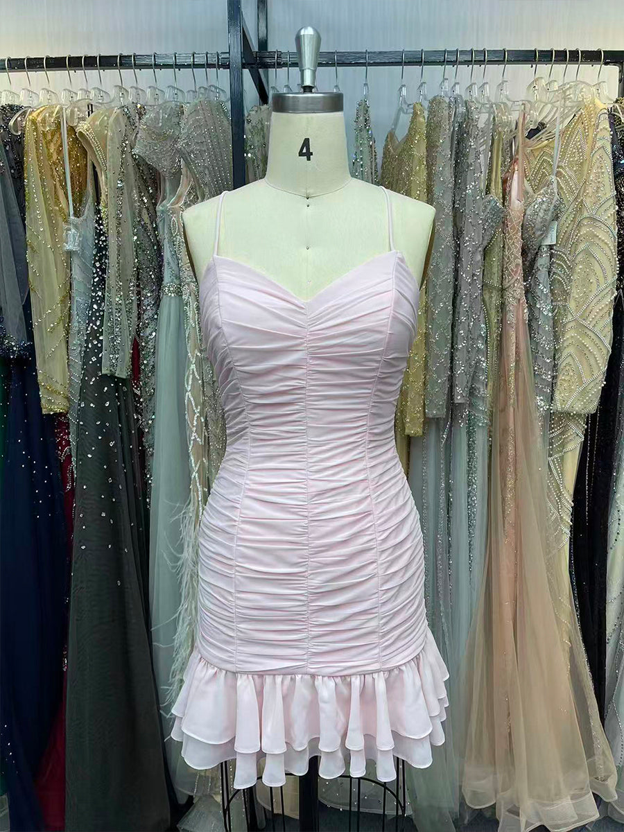 Cute Sheath Satin Mini Homecoming Dress with Ruffles