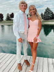 Cute Sheath Satin Short Homecoming Dress with Ruffles