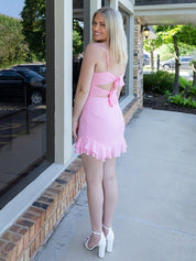 Cute Tight Short Corset Pink Homecoming Dress with Ruffles