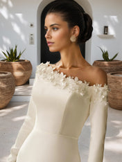 Long Sleeves Beach Wedding Dresses with Flower Mermaid Bridal Dress with Train
