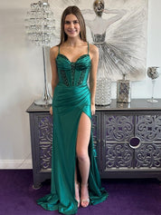 Green Mermaid  Spaghetti Strap Beaded Prom Dress with High Slit