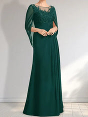 A-line Scoop Illusion Floor-Length Lace Chiffon Mother of the Bride Dress With Pleated Sequins