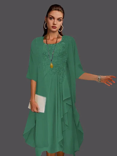 Two Piece A-Line Chiffon Lace Sleeveless Jacket Dresses with Pleats Appliques