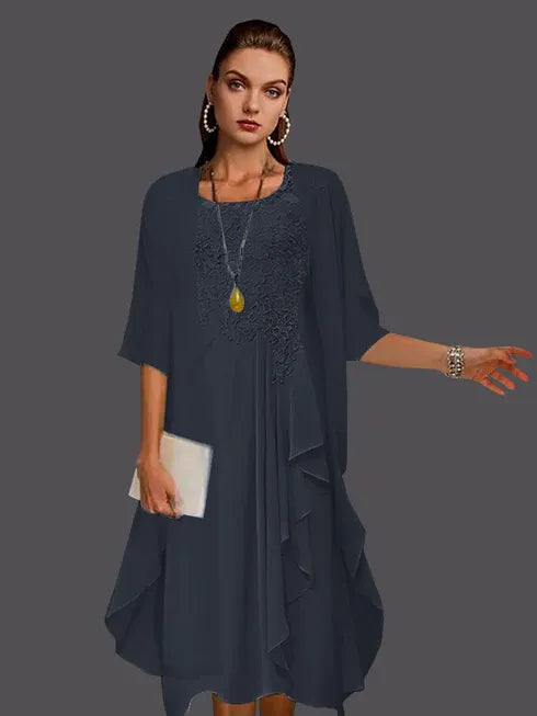 Two Piece A-Line Chiffon Lace Sleeveless Jacket Dresses with Pleats Appliques