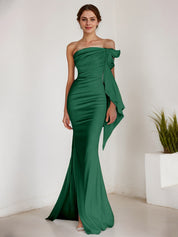 White Mermaid Strapless Sheath Satin Long Formal Dress with Slit