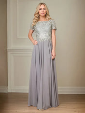 A Line Chiffon Boat Neck Short Sleeves Floor Length Pleated Mother of the Bride Dresses