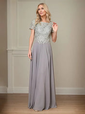 A Line Chiffon Boat Neck Short Sleeves Floor Length Pleated Mother of the Bride Dresses