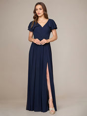 Navy A Line Chiffon V Neck Short Sleeves Floor-Length Bridesmaid Dresses