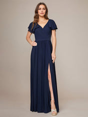 Navy A Line Chiffon V Neck Short Sleeves Floor-Length Bridesmaid Dresses
