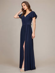 Navy A Line Chiffon V Neck Short Sleeves Floor-Length Bridesmaid Dresses