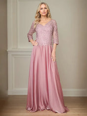 A Line Chiffon V Neck 3/4 Sleeves Floor-Length Mother Of The Bride Dress With Appliques