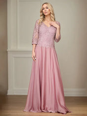 A Line Chiffon V Neck 3/4 Sleeves Floor-Length Mother Of The Bride Dress With Appliques