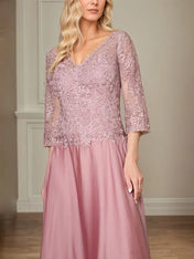 A Line Chiffon V Neck 3/4 Sleeves Floor-Length Mother Of The Bride Dress With Appliques