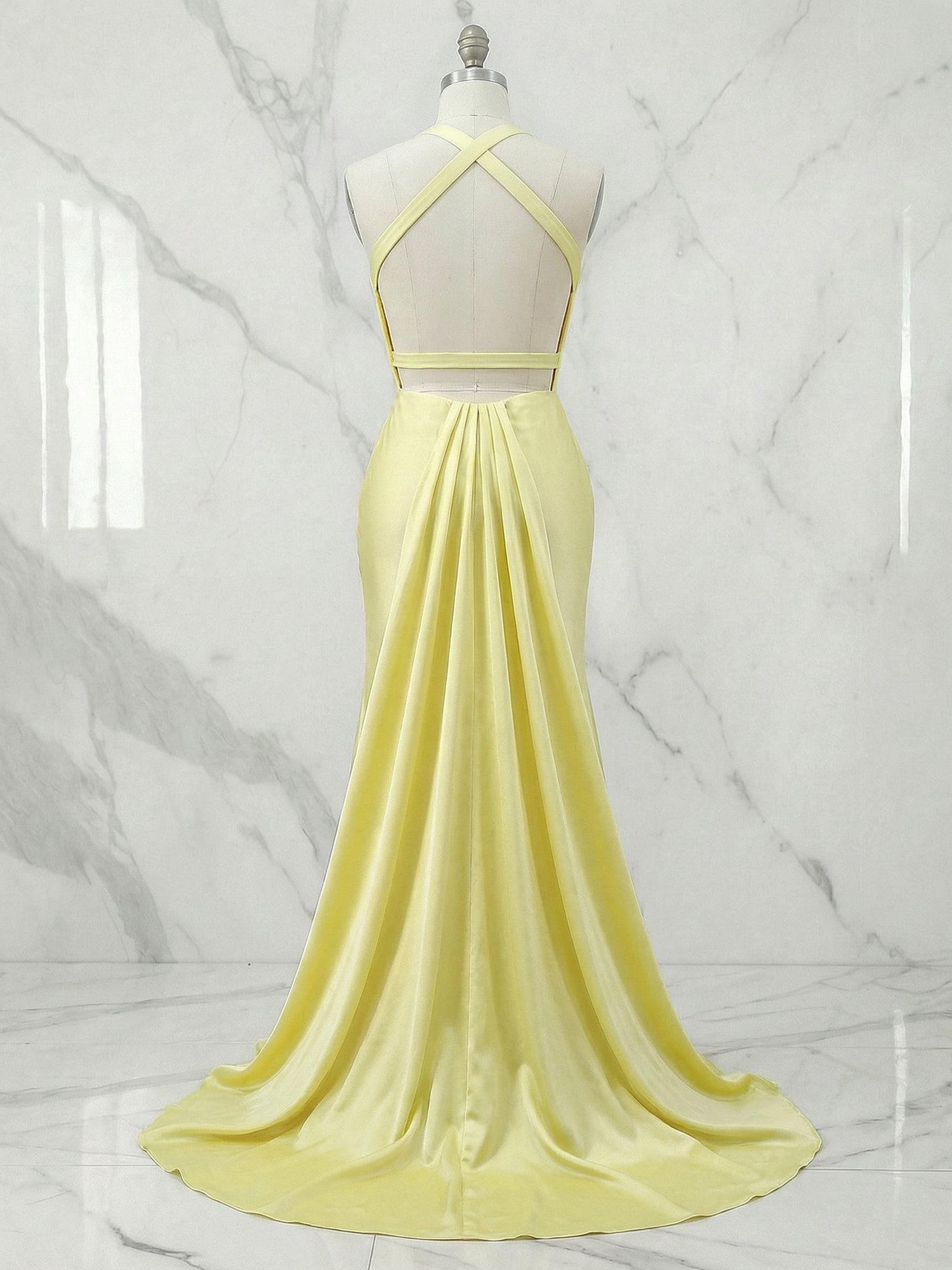 Yellow Mermaid Unique Open Back Long Prom Dress