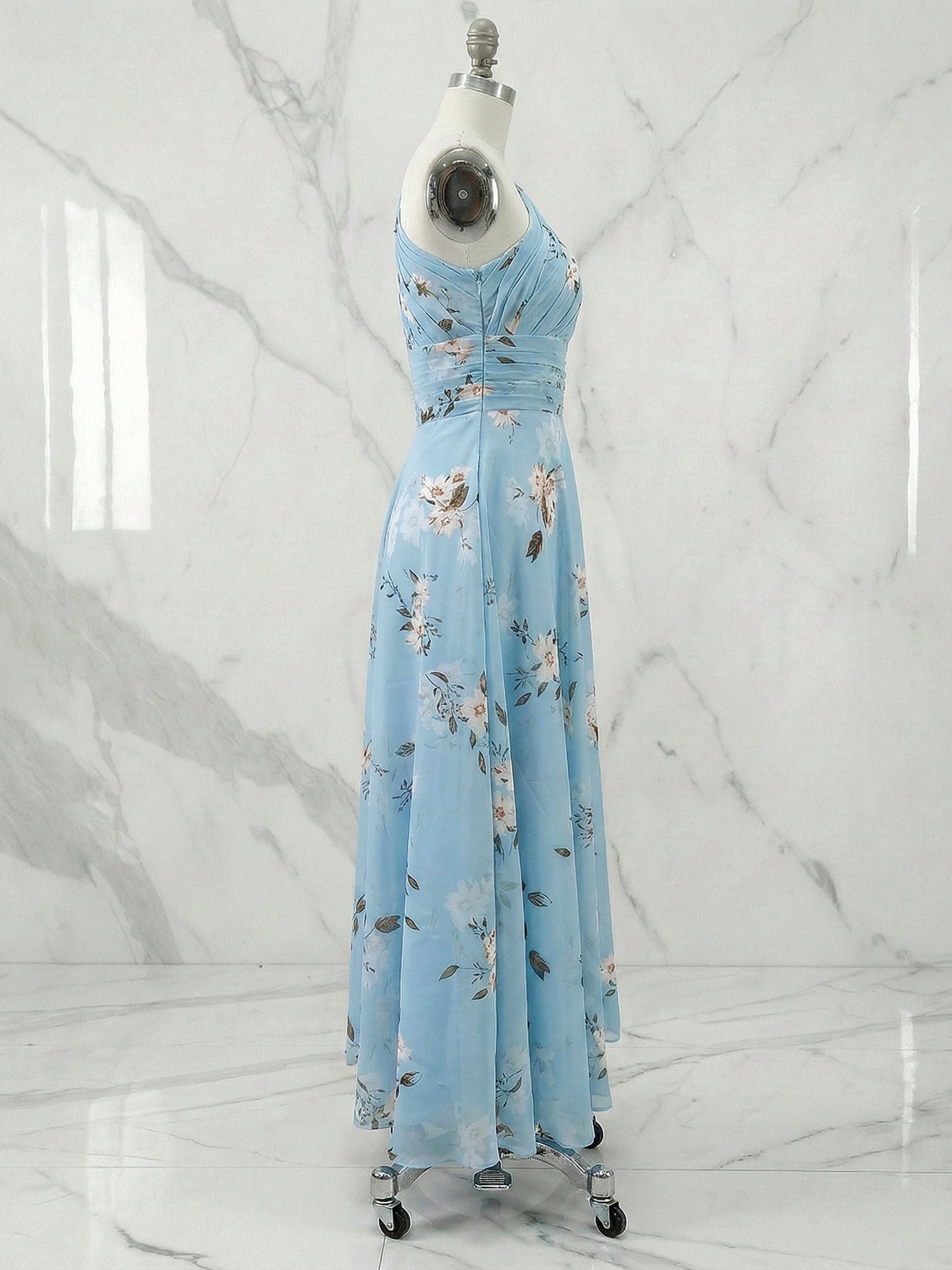 Light Blue Floral Ruched Chiffon One Shoulder A Line Maxi Dress