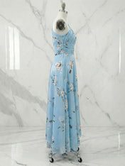 Light Blue Floral Ruched Chiffon One Shoulder A Line Maxi Dress