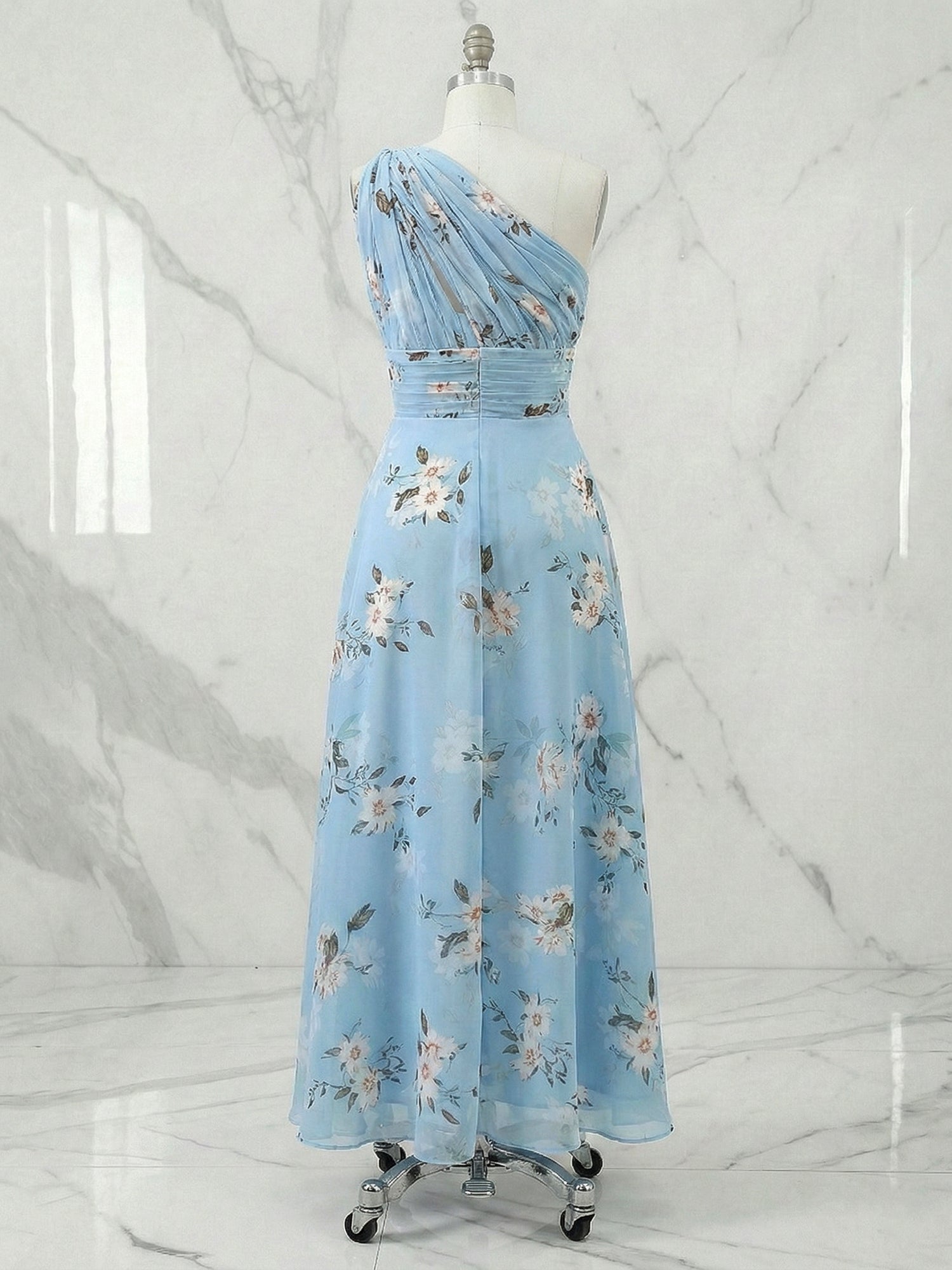Light Blue Floral Ruched Chiffon One Shoulder A Line Maxi Dress