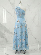 Light Blue Floral Ruched Chiffon One Shoulder A Line Maxi Dress