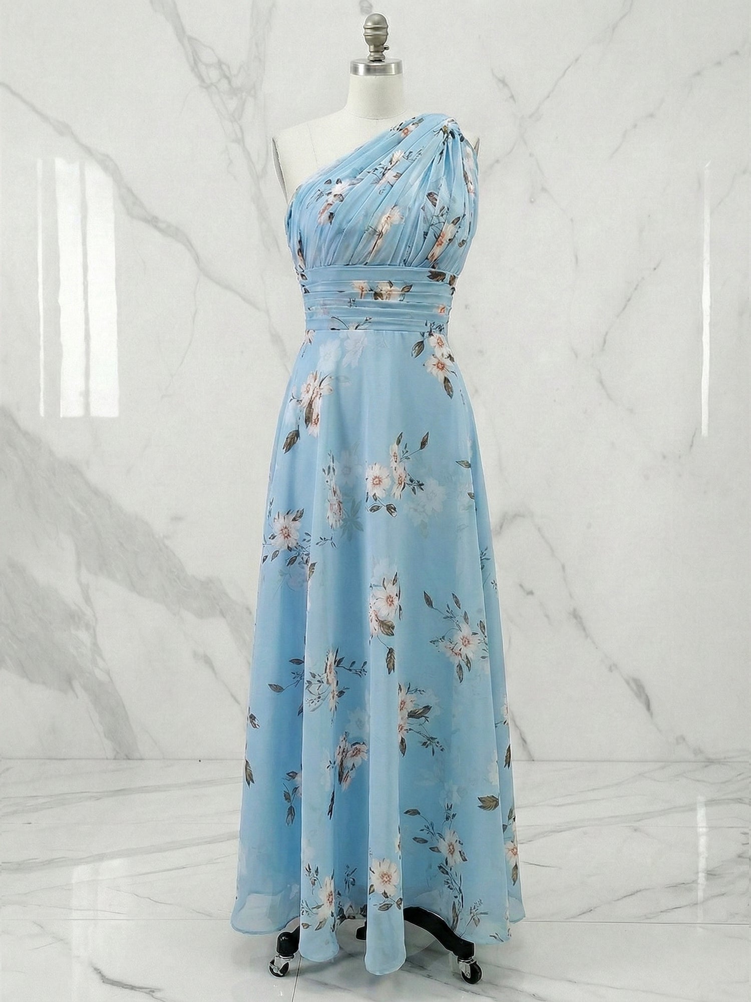 Light Blue Floral Ruched Chiffon One Shoulder A Line Maxi Dress