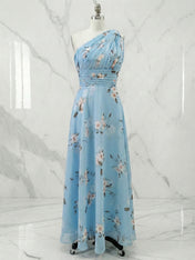 Light Blue Floral Ruched Chiffon One Shoulder A Line Maxi Dress