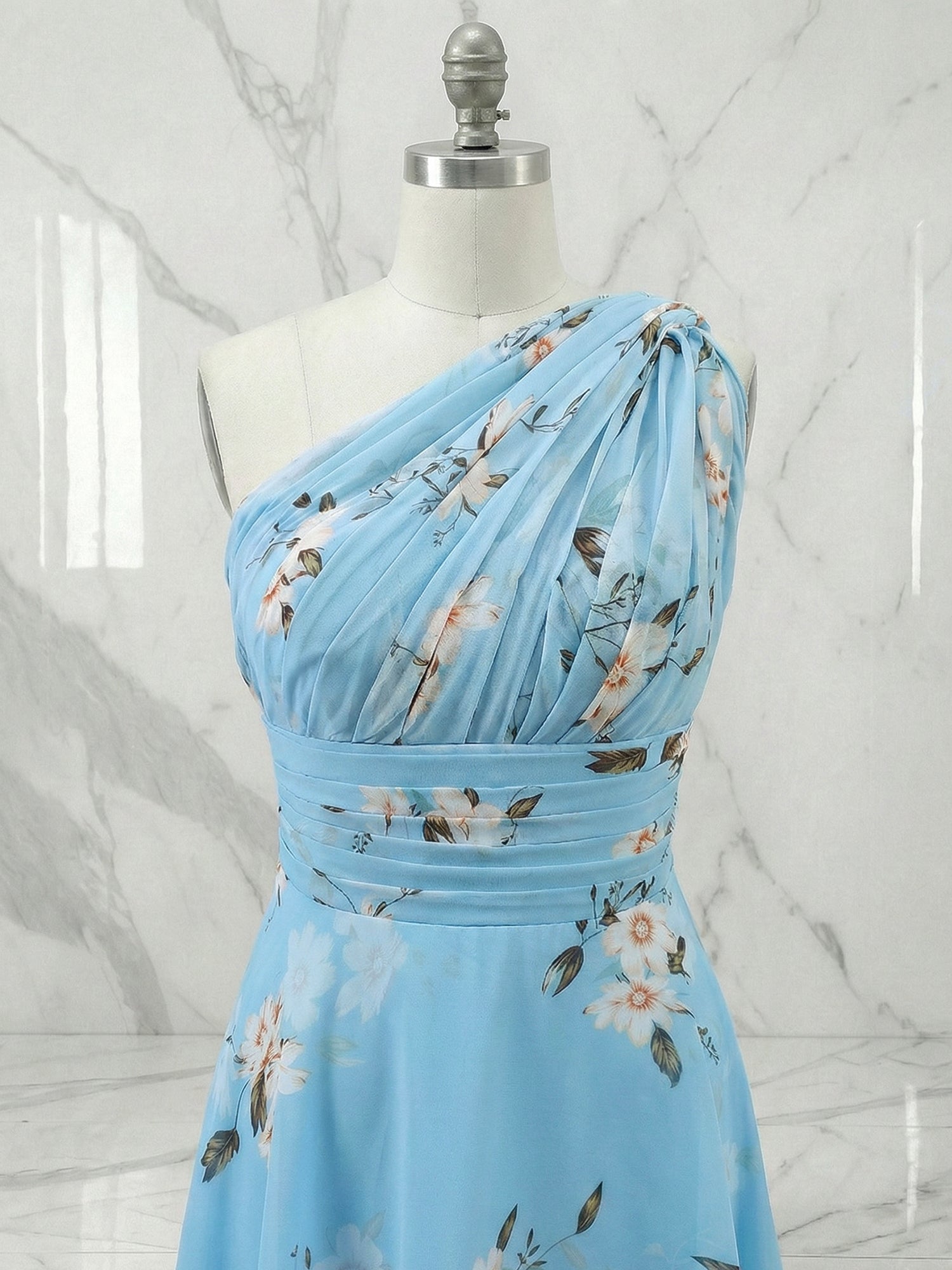 Light Blue Floral Ruched Chiffon One Shoulder A Line Maxi Dress