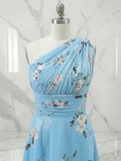 Light Blue Floral Ruched Chiffon One Shoulder A Line Maxi Dress