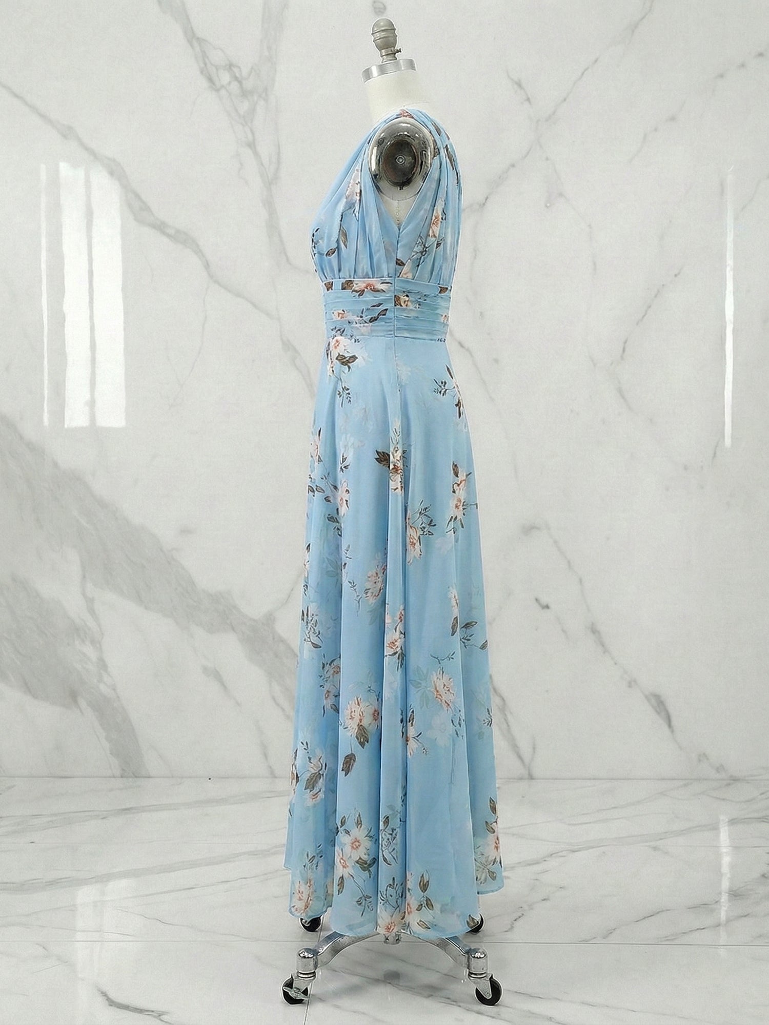 Light Blue Floral Ruched Chiffon One Shoulder A Line Maxi Dress
