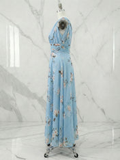 Light Blue Floral Ruched Chiffon One Shoulder A Line Maxi Dress