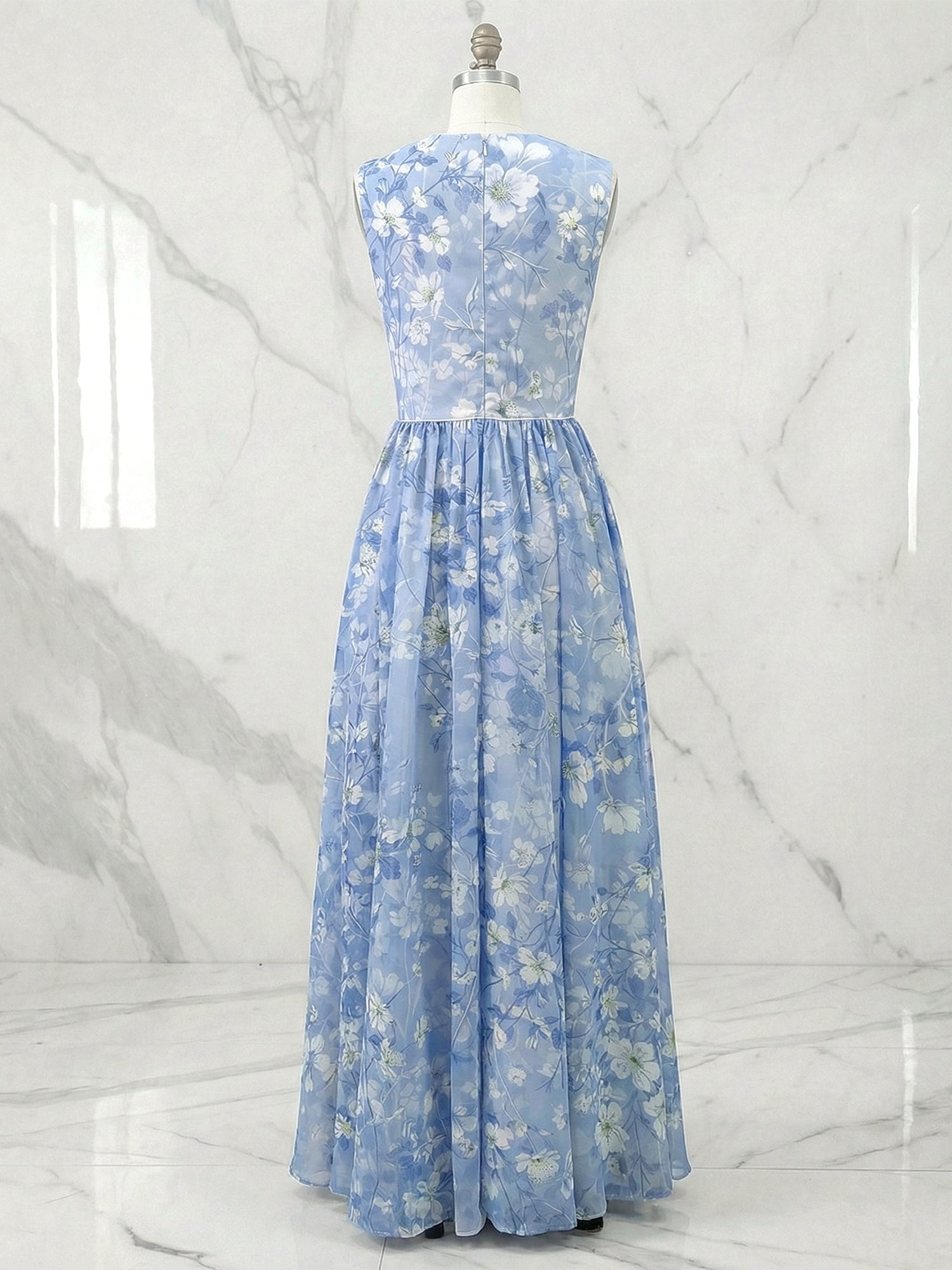 Light Blue Chiffon V Neck Sleeveless A-Line Maxi Dress