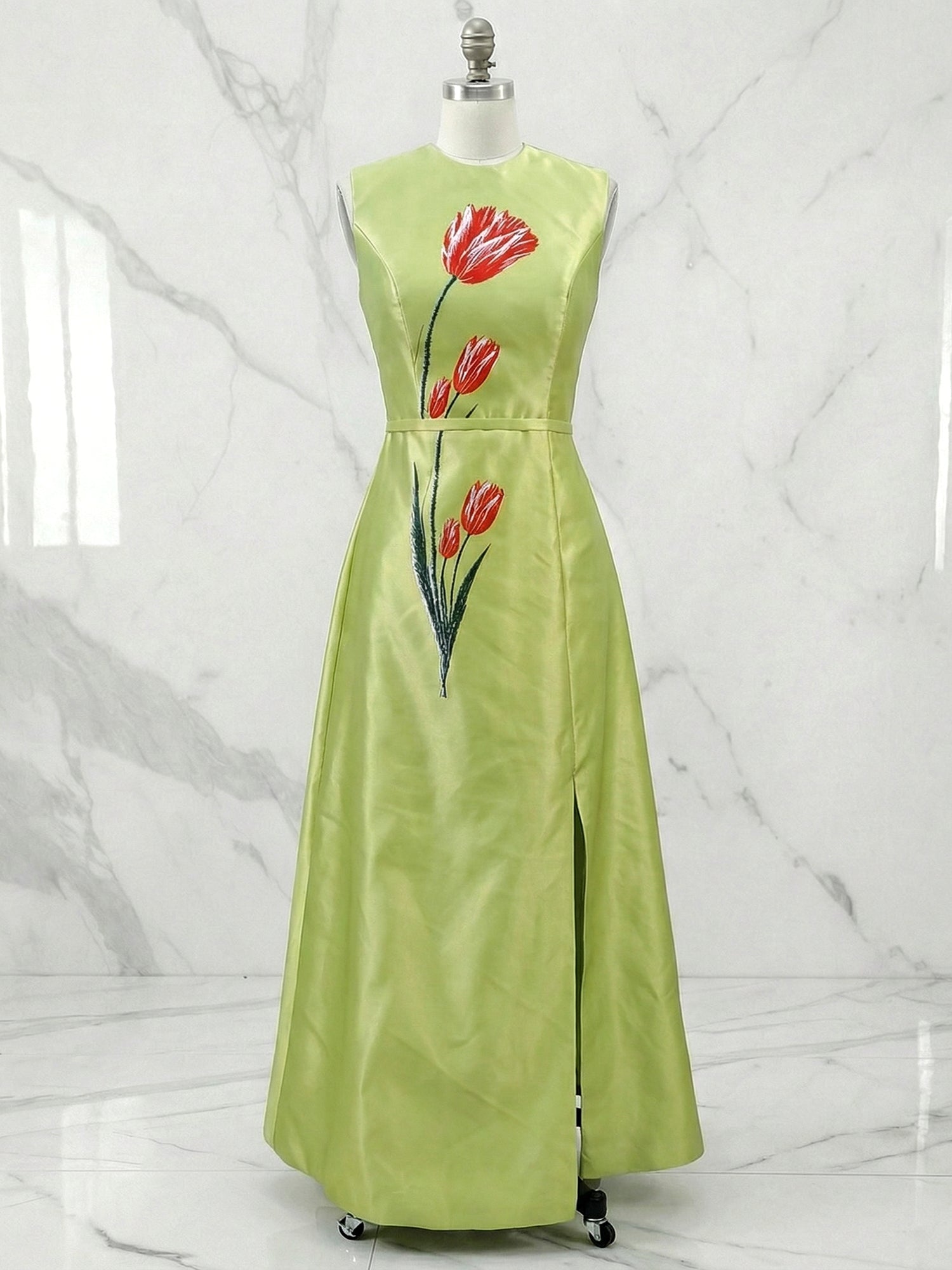 Green Embroidery Slit Classic Crew Neck Sleeveless A-Line Maxi Dress
