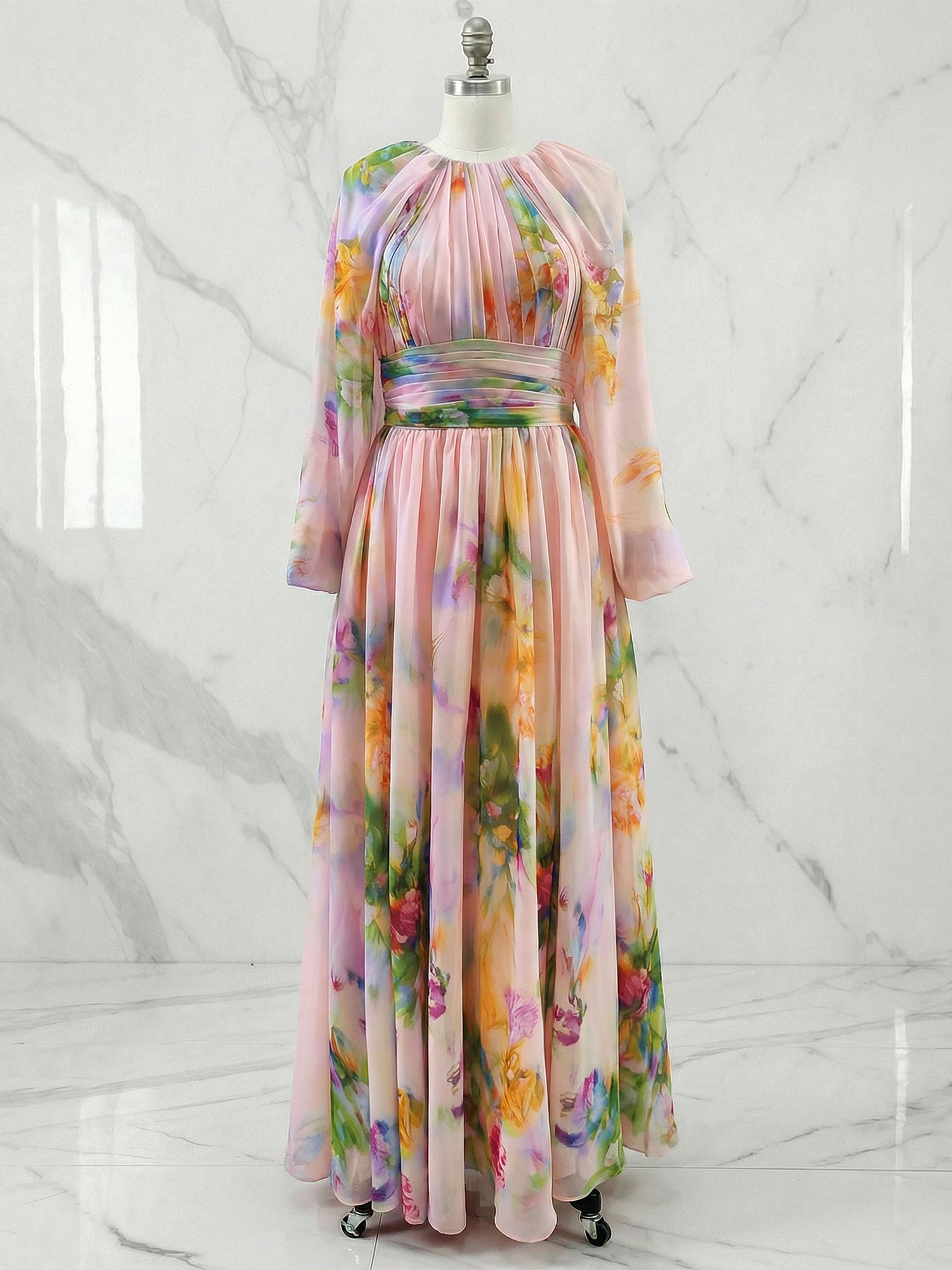Pink Floral A Line Ruched Chiffon Crew Neck Long Sleeve Puff Sleeve Maxi Dress